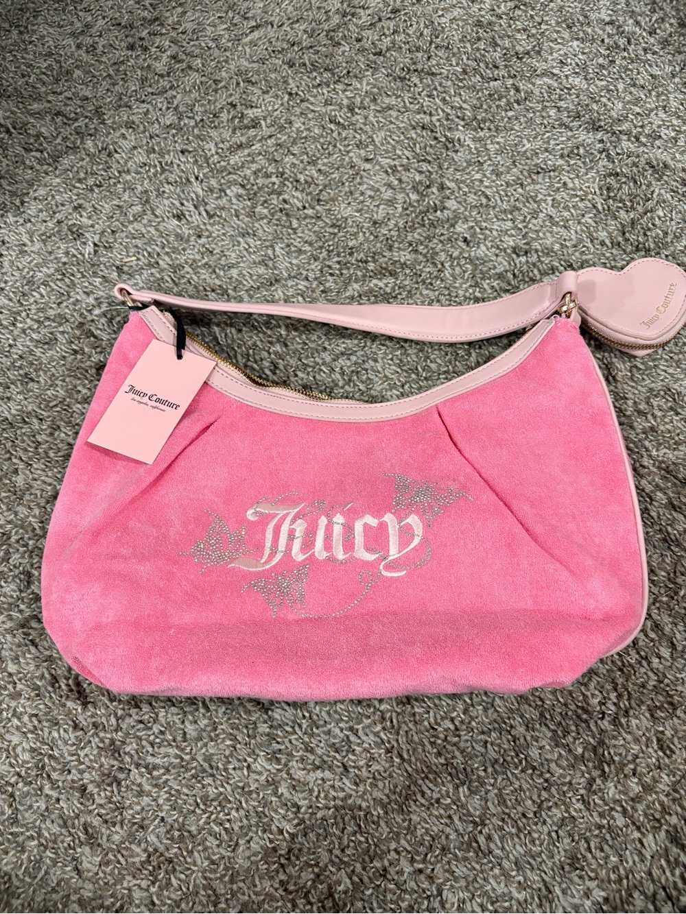 Juicy Couture Hot Pink Suede Logo Shoulder Bag with Gold Accents